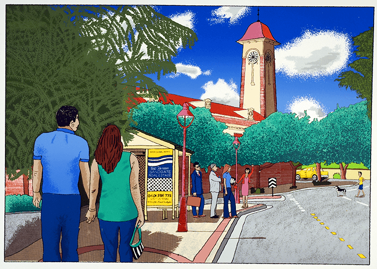 Screen print by David Burrows, featuring a man and woman holding hands and walking towards a bus stop near Sandgate Town Hall