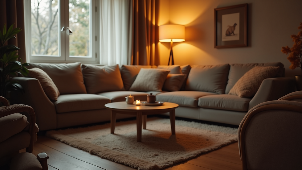Eye-level view of a cozy living room with warm lighting