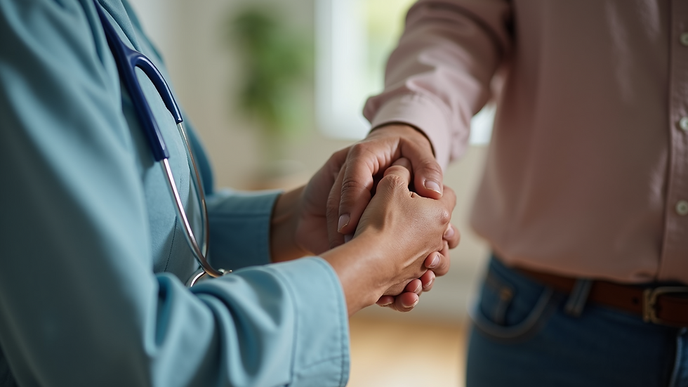Close-up view of a caregiver’s hand gently holding a senior’s hand in a home setting