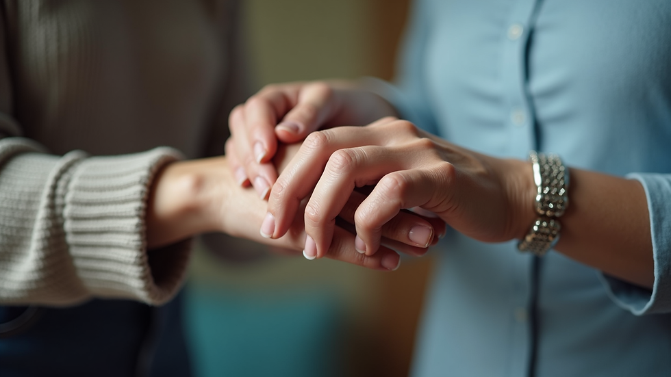 Close-up view of a caregiver’s hand gently holding an elderly person’s hand