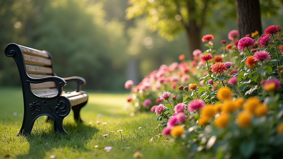 Close-up view of a peaceful garden bench surrounded by blooming flowers