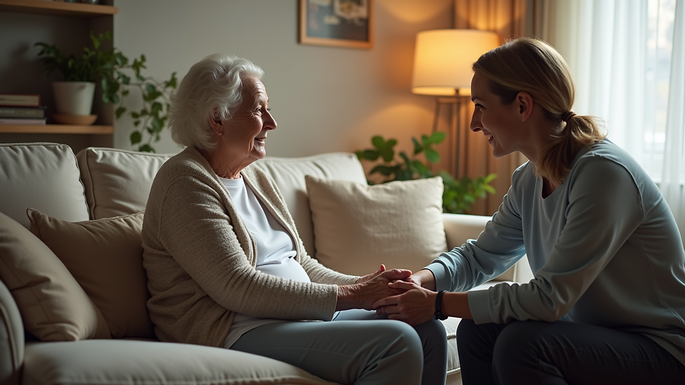 Eye-level view of a cozy living room with a caregiver sitting beside an elderly woman