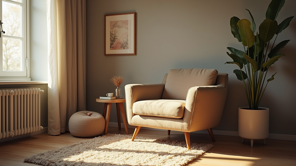 Eye-level view of a cozy living room with a comfortable armchair and soft lighting