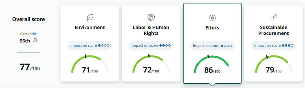 Ecovadis scorecard MSupport, overall score 77/100. 96th percentile