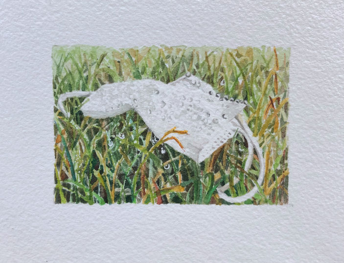 Mask38 is white paper mask lying in dewy grass