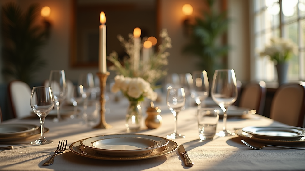 Eye-level view of a beautifully set dining table with elegant tableware