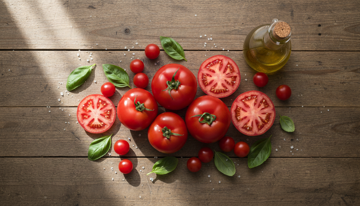 Overhead view of ripe tomatoes on a wooden kitchen table.
