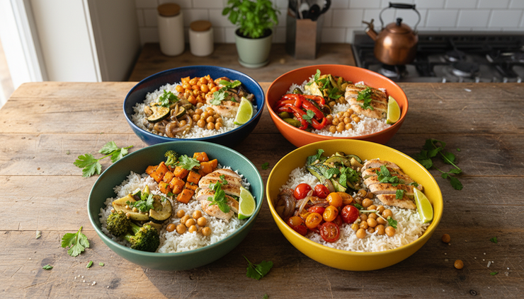 Overhead view of colourful rice bowls with vegetables and herbs.