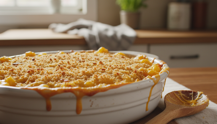 Close-up of bubbling macaroni cheese with a crisp golden topping in a ceramic dish