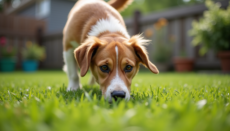 Eye-level view of a dog sniffing grass in a backyard