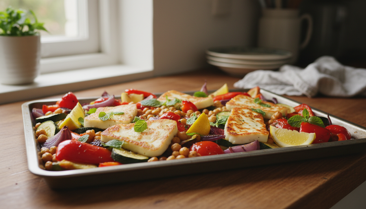 Eye-level view of golden halloumi slices with roasted vegetables on a tray