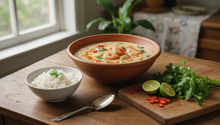 Wide-angle view of Thai coconut soup served with rice and lime wedges.