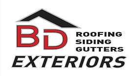 BD Exteriors logo featuring a red and black "BD" with a stylized black roof design above it. To the right, in black bold text, are the services provided: "Roofing," "Siding," and "Gutters." Below this, "Exteriors" is written in bold, italicized font, giving a sense of movement and professionalism.