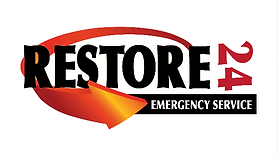 The logo for Restore 24 Emergency Service features bold black lettering with a red arrow wrapping around the word "RESTORE" and the number "24" prominently displayed. The design emphasizes the company's focus on providing urgent and reliable emergency restoration services.