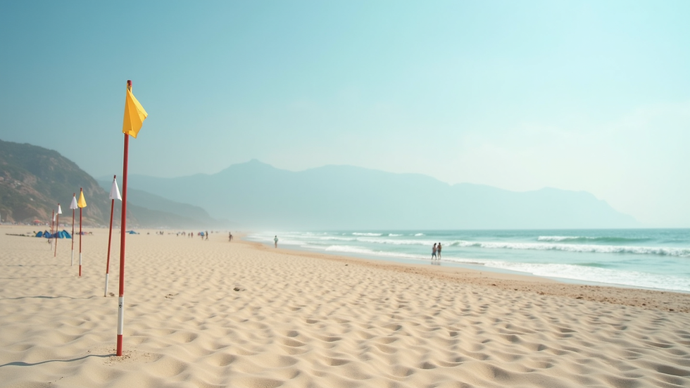 Eye-level view of a calm beach with a quiet zone marked by flags