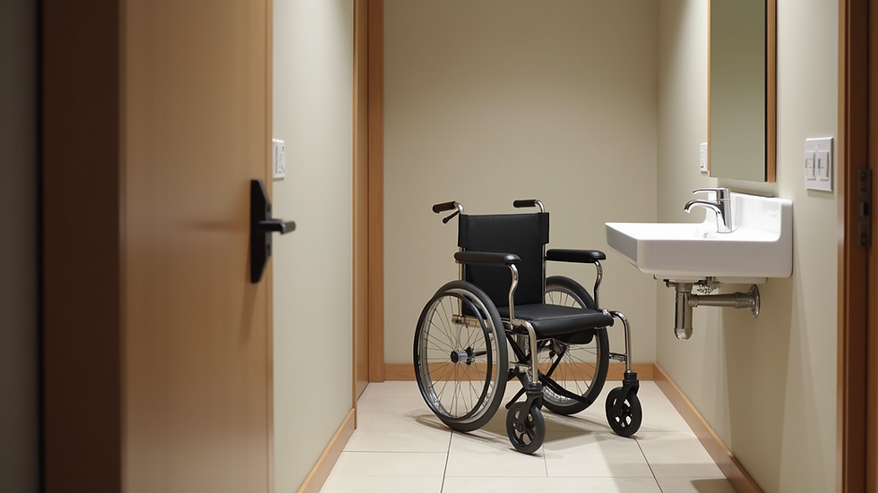 Close-up view of a wheelchair-accessible hotel room with adapted bathroom