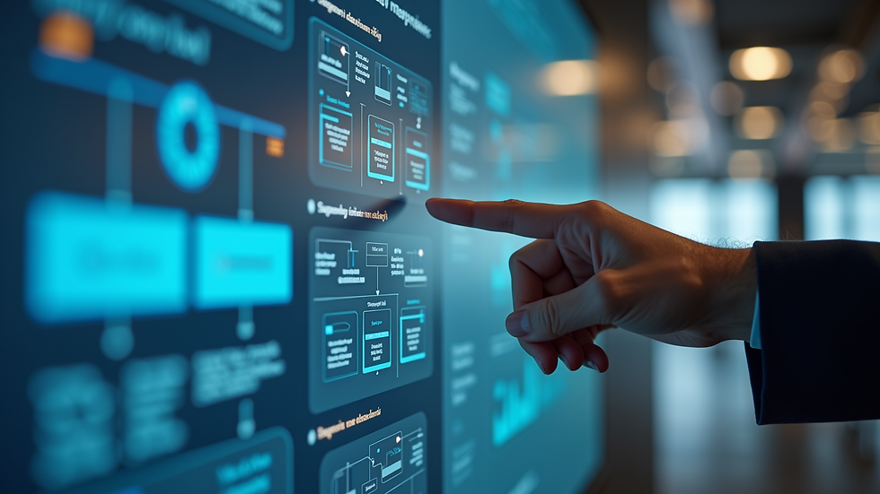 Close-up view of a consultant presenting Microsoft 365 workflow diagrams on a digital screen