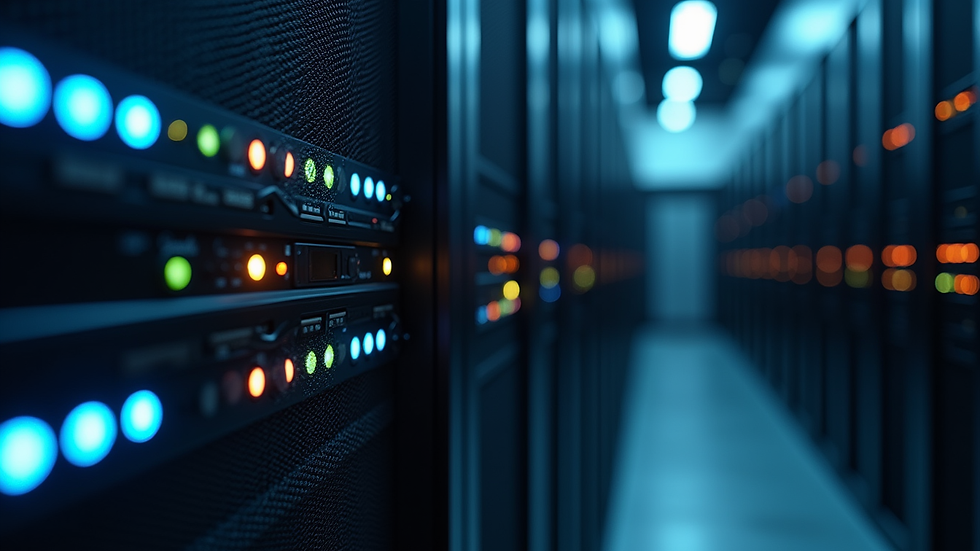 Close-up view of a server rack with blinking lights in a secure IT facility