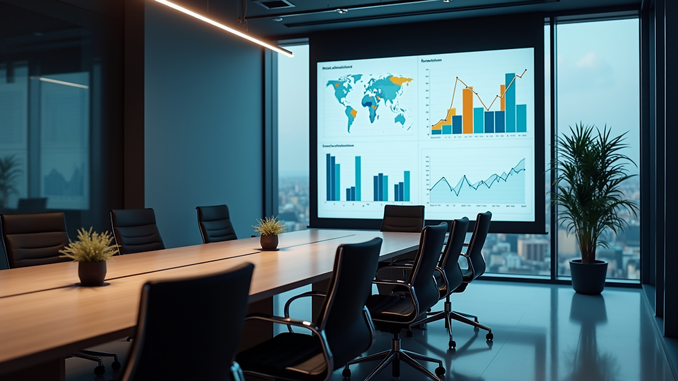 High-angle view of a conference room presenting business analytics