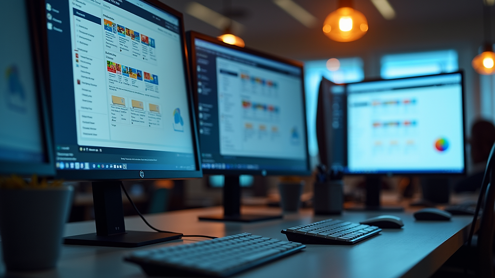Eye-level view of a modern office workspace with multiple screens displaying Microsoft 365 applications