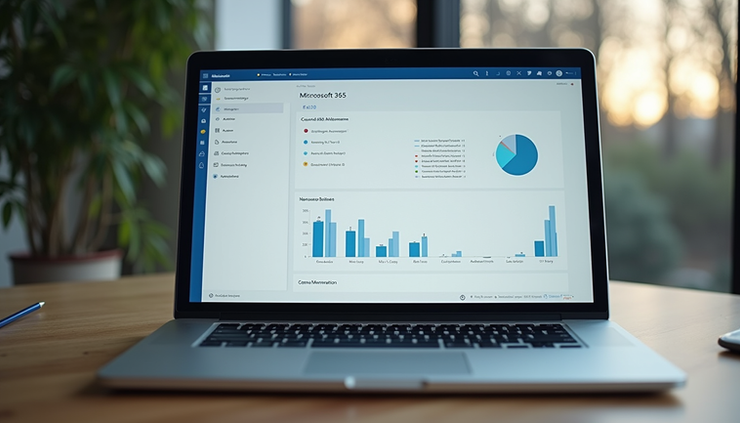Eye-level view of a laptop screen displaying Microsoft 365 dashboard