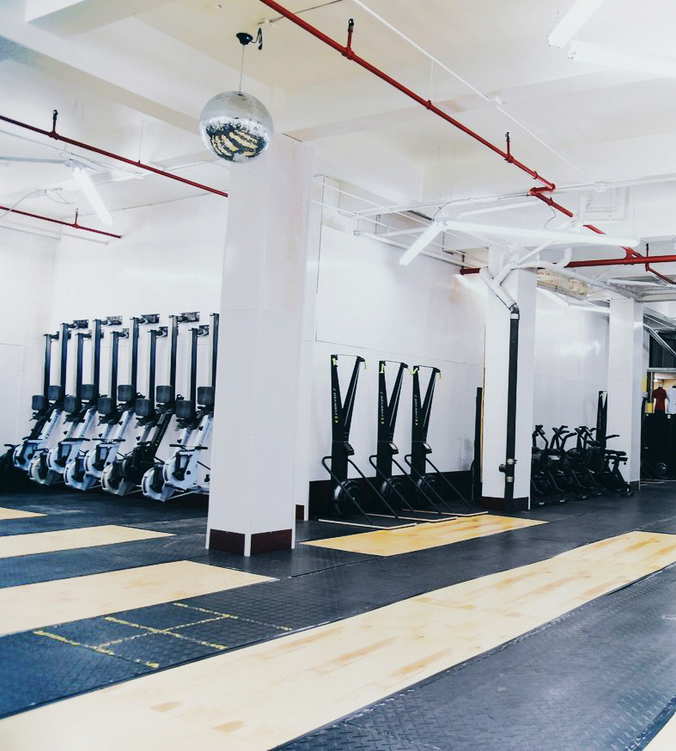 Industrial fitness club with angled lights