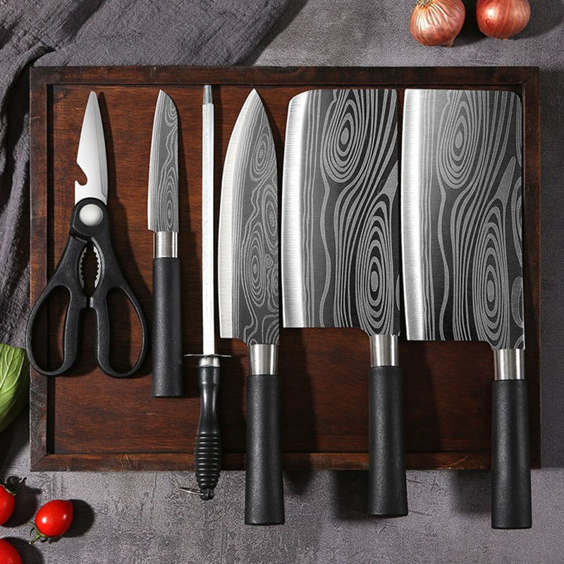 Laser Damascus Pattern Utility Kitchen Knives Scissors Sharpening Rod Set Stainl