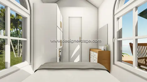 Tiny house bathroom layout with modern fixtures.