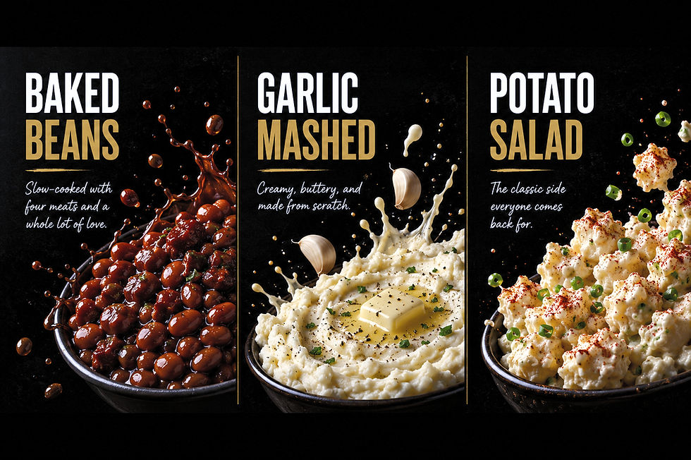 Three Southern Sides: baked beans, garlic mashed, potato salad