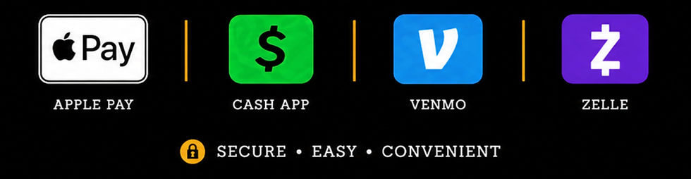 Accepted payment methods including Apple Pay, Cash App, Venmo, and Zelle.
