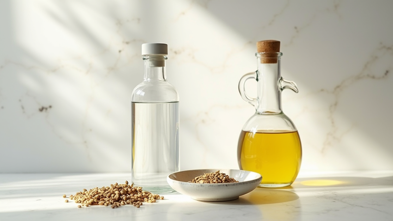 Olive oil and water in glass bottles