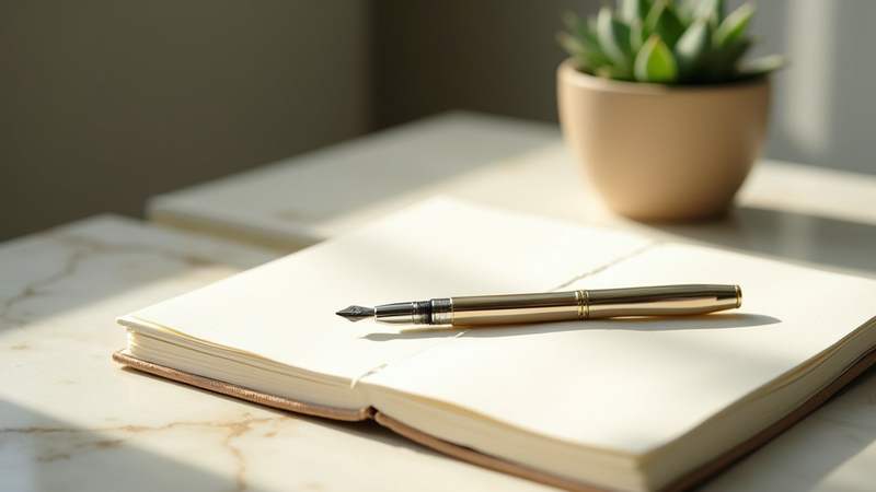 An opened journal with a pen resting on it