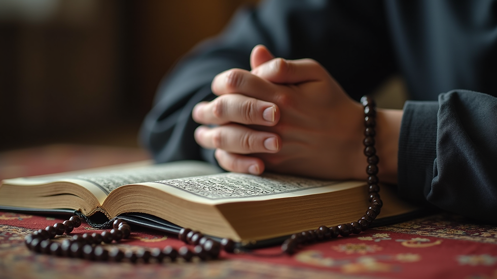 Close-up view of a person holding prayer beads beside a Quran