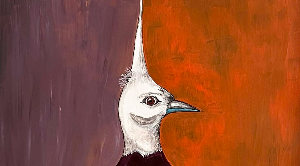Abstract bird painting against a split purple and orange background. Bird has a long white crest and bright eye, creating a striking contrast.
