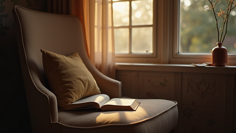 Close-up view of a cozy reading nook with a comfortable chair and soft lighting