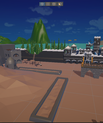 spawn island, a more expanded view without fog showing the background islands and oceans behind the castle walls. (some assets from the unity asset store were used)