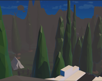 a small view from the mountains into over the castle walls showing off the guards near their tent, A Castle is barely visible in the background covered by fog.  the first person game i was making in my 242 class. a lot of the assets were found on unity asset store.