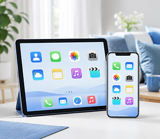 Tablet und Smartphone mit App-Icons auf einem Tisch