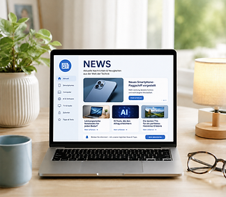 Laptop mit News-Website auf Schreibtisch neben einer Lampe