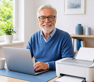 Lächelnder älterer Mann am Laptop im Homeoffice mit Drucker