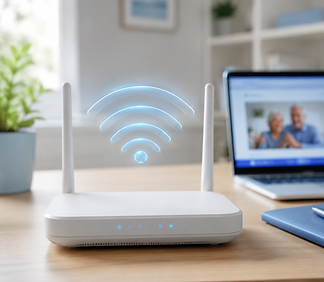 WLAN-Router mit leuchtendem Signal-Icon auf einem Schreibtisch