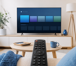 Fernbedienung im Vordergrund vor Smart-TV im Wohnzimmer