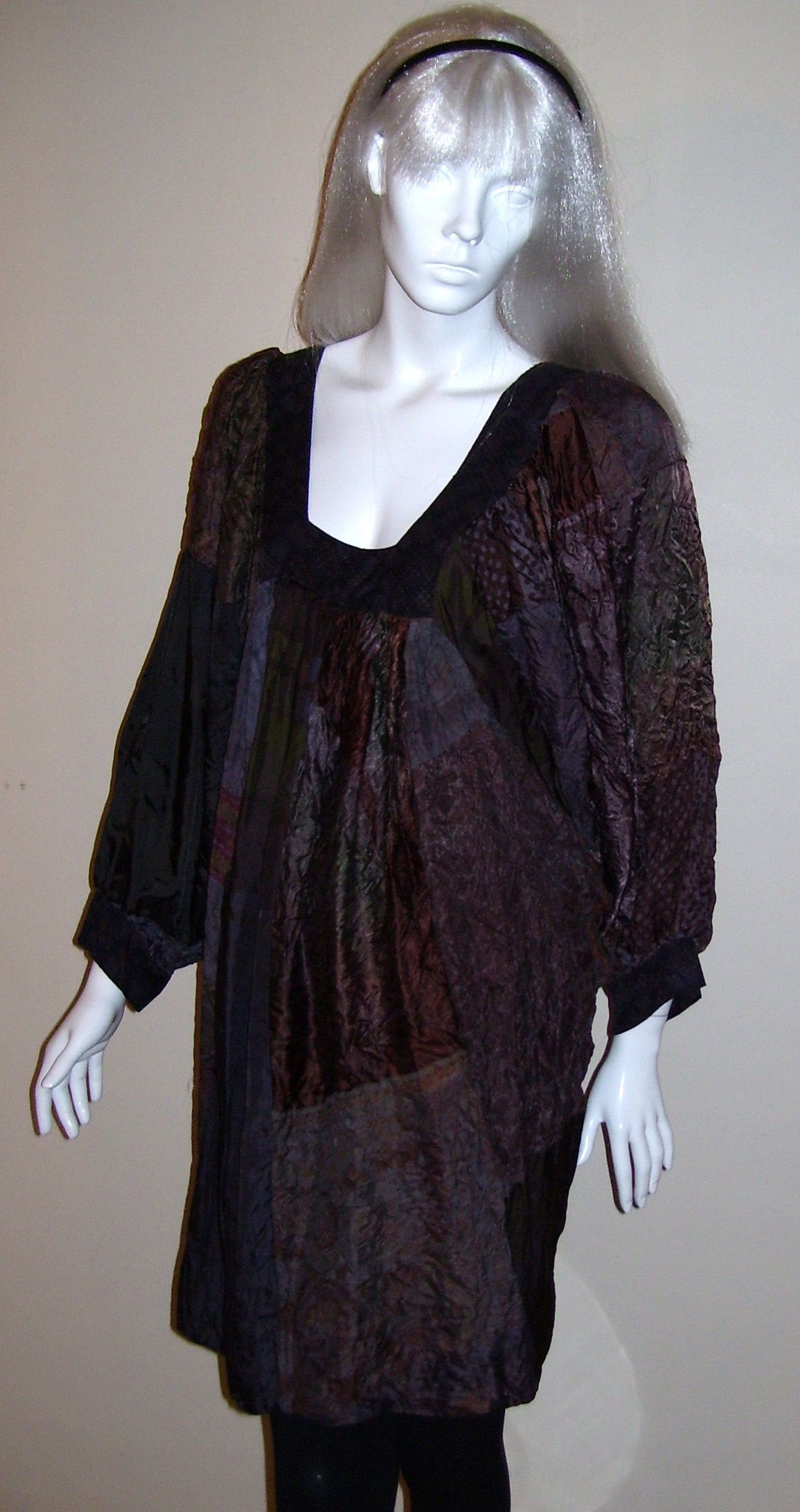 Medium - Indigo/Tan Patchwork Dress/Top from Vintage Scarves