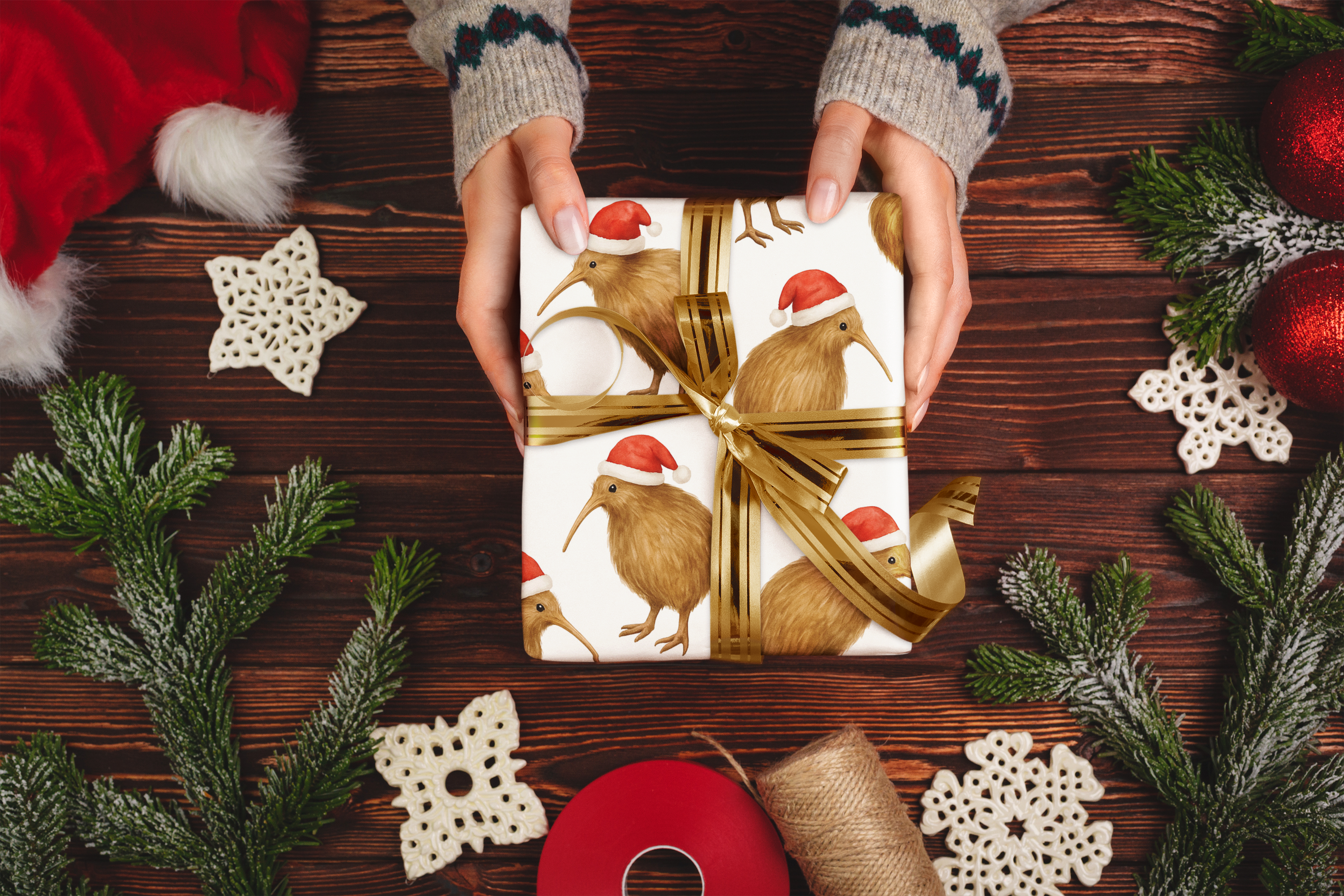 Kiwi in Santa Hat – Premium Wrapping Paper by ROTIA DESIGN