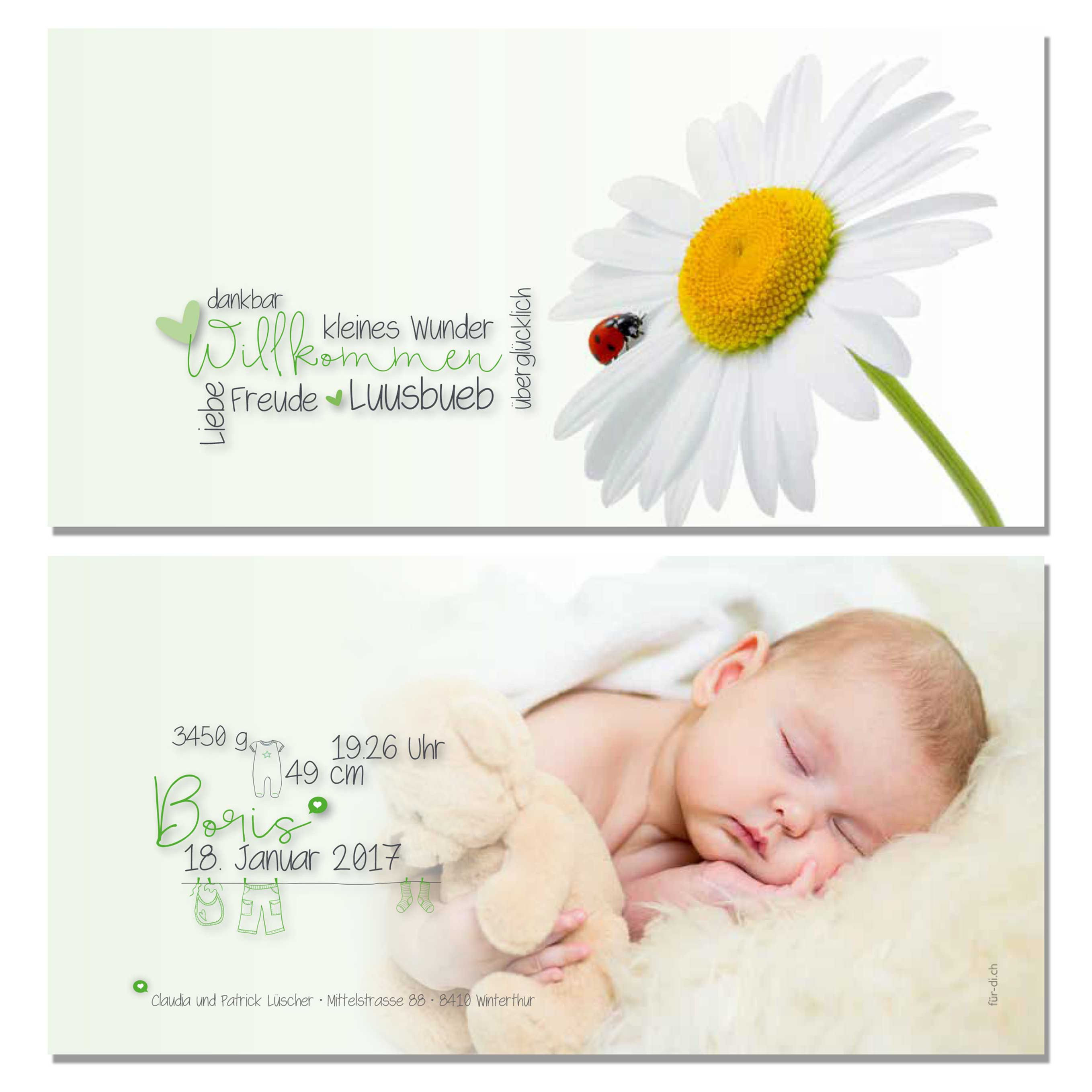 Geburtskarten liebevoll gestaltet online bestellen Schweiz Zimmermann Satz Druck Papier