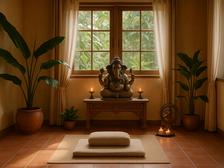 Ganesha in einem Meditationsraum mit beigen Wänden, zwei großen Pflanzen und Kerzen. Der Raum erscheint in warmen beige Tönen.