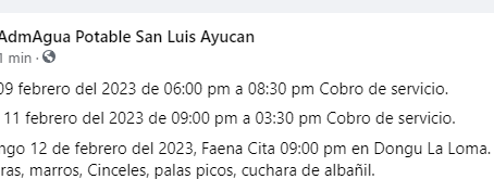 Jueves 09 febrero del 2023 de 06:00 pm a 08:30 pm Cobro de servicio.Sábado 11 febrero del 2023 de 0