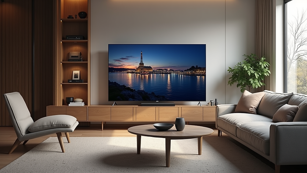 Eye-level view of a modern living room with a large TV displaying IPTV content