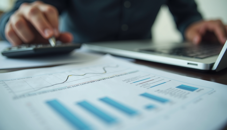 Close-up view of a financial professional reviewing fixed asset documents with calculator and laptop