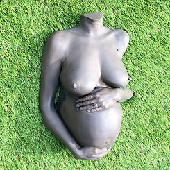 Aged bronze pregnancy casing outdoor sculpture by Angelasts figurative art commissions